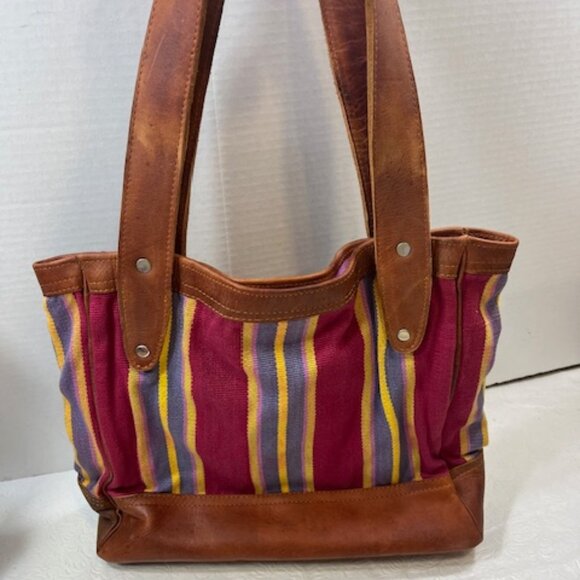 VTG Brown Leather & Striped Tapestry Handbag Snap Closure 11"x4"x10.5" - Picture 3 of 13